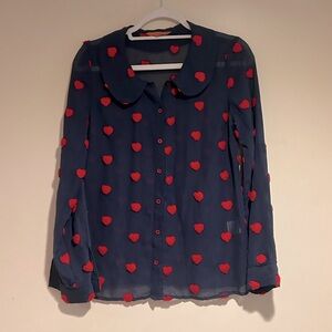 ModCloth Navy Blue and Red Fuzzy Heart Print Blouse Sz Med
